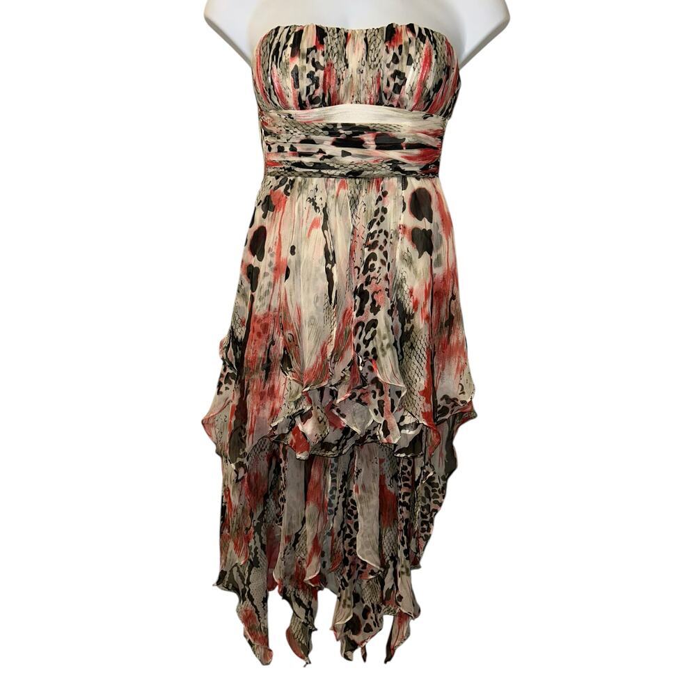 Y2K Deb Strapless High-Low Flowy Dress Snake Print & Abstract Design, Size Small